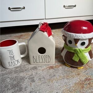Rae Dunn Festive Mug, Birdhouse, and Owl Set - Red, White, Brown